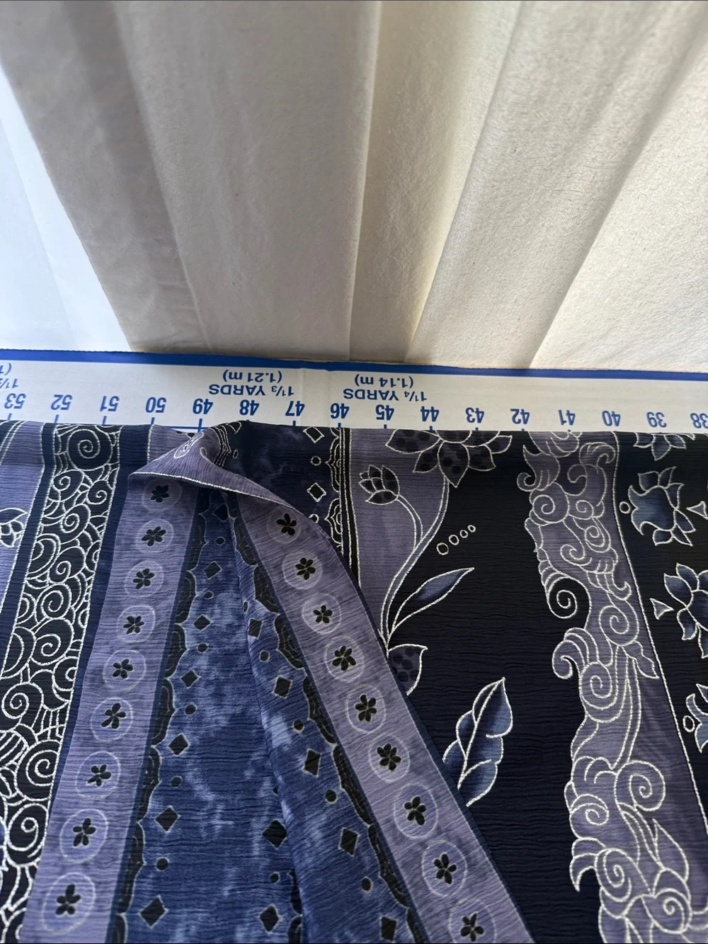 Vintage 1980s Crinkle Crepe Fabric Asian Floral Stripe Black Blue 3 1/3 Yds
